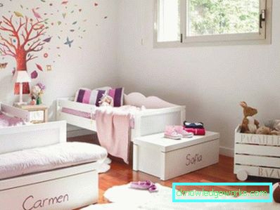 Barns romdesign for to jenter i ulike aldre