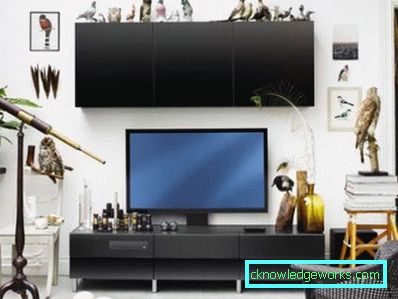 Veggene under TV-en i stuen i en moderne stil (50 interiørfotografier)